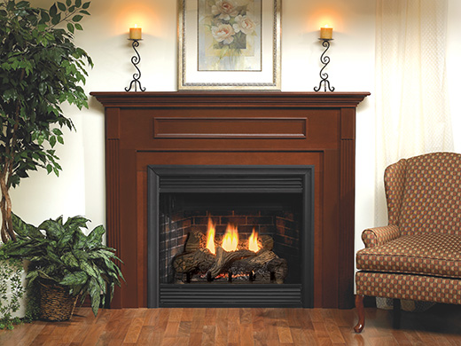 B Vent American Hearth B Vent Fireplace With Optional Aged Brick Liner Matte Black Extruded Frame And Slat Louvers In Custom Mantel